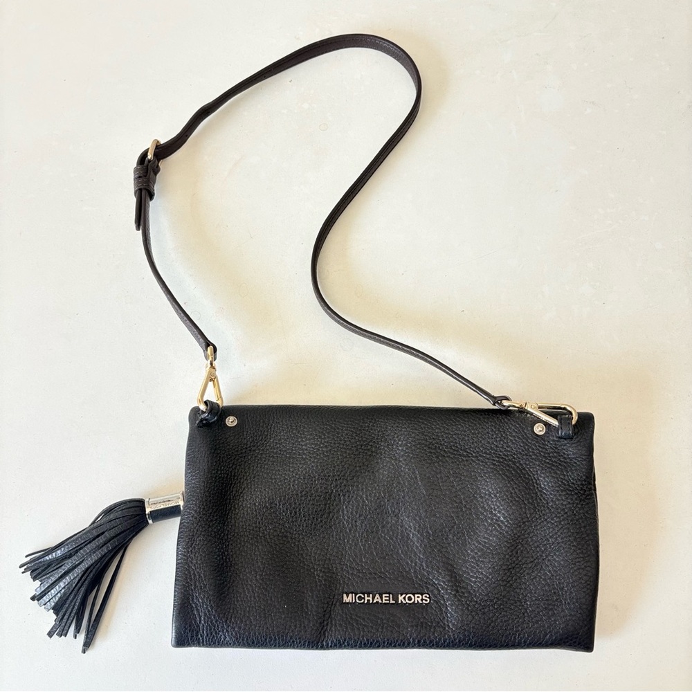 Michael Kors Black Leather Folding Shoulder Purse Crossbody Bag 10.5”